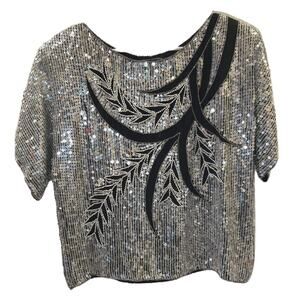 J. L. B. Women's Vintage Silver Sequin Silk Blouse Size M